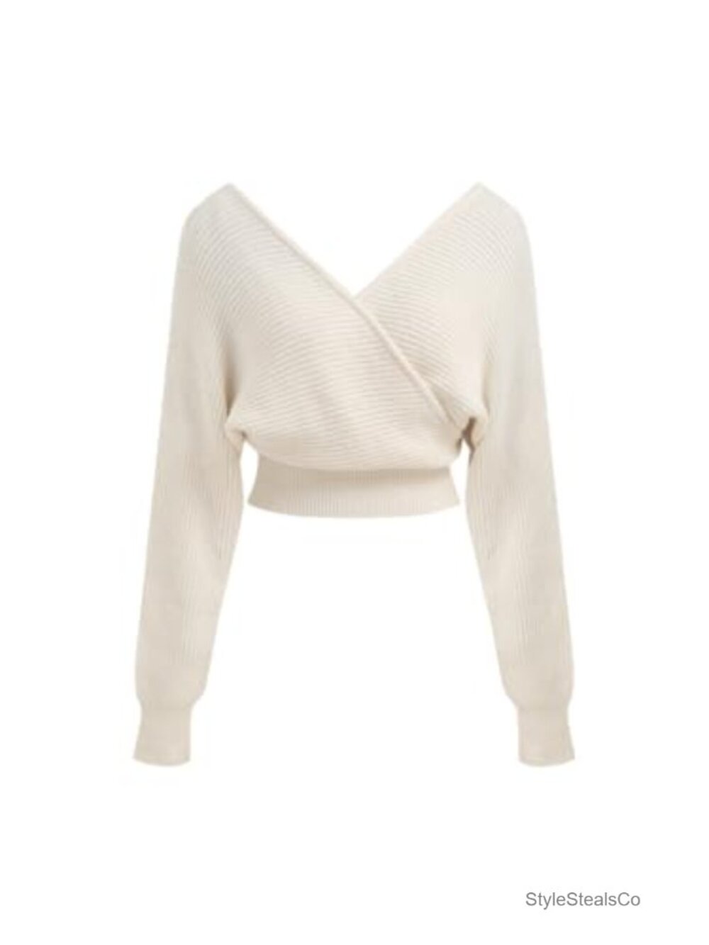 Women Cropped Knit Sweater V Neck Wrap Cross Front Long Sleeve Pullover Top